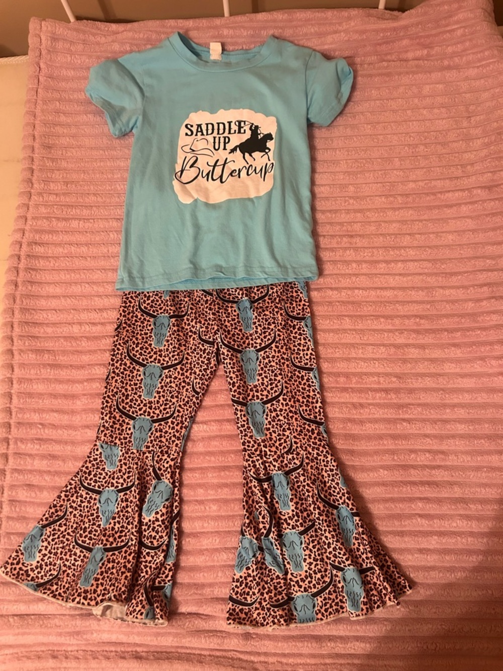 Blue 'Saddle Up Buttercup' Tee with Leopard Cowgirl Flare Pants